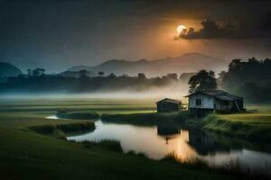 the sun rises over a small house and a river. AI-Generated photo