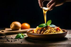 spaghetti with sauce being poured over it. AI-Generated photo