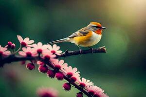 a bird sits on a branch with pink flowers. AI-Generated photo