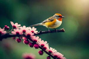 un pájaro se sienta en un rama con rosado flores generado por ai foto