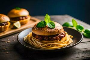 a plate with spaghetti and a burger on it. AI-Generated photo