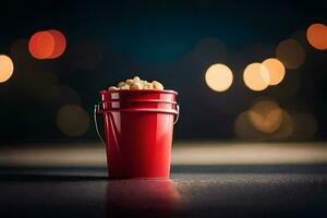 a red bucket with popcorn on a table. AI-Generated photo