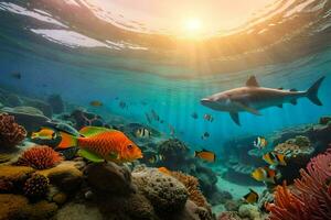 the sun shines on the coral reef and a shark swims in the water. AI-Generated photo