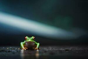 a frog sitting on the ground with a dark background. AI-Generated photo