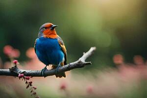 a colorful bird sits on a branch in front of a field. AI-Generated photo