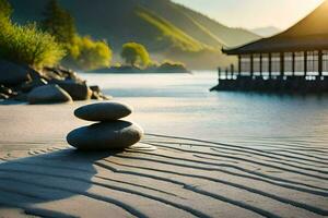 a stack of stones on the beach near a lake. AI-Generated photo