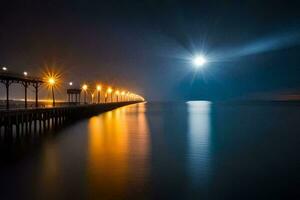 un muelle a noche con el Luna brillante brillantemente. generado por ai foto