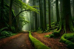 a path through a green forest with trees and moss. AI-Generated photo