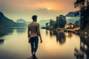 un hombre en pie en un rock cerca un lago a puesta de sol. generado por ai foto