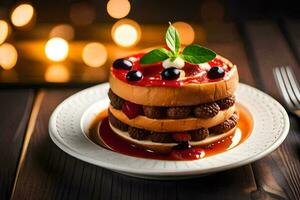 a stack of pancakes on a plate with berries. AI-Generated photo