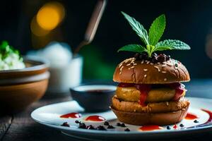 a hamburger with sauce and a green leaf. AI-Generated photo