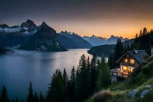 a cabin sits on the edge of a lake at sunset. AI-Generated photo