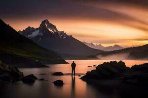 un hombre soportes en el apuntalar de un lago a puesta de sol. generado por ai foto