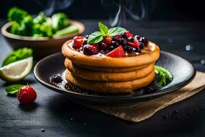 a stack of pancakes with berries and mint leaves. AI-Generated photo