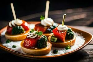 small appetizers with strawberries and broccoli on a plate. AI-Generated photo