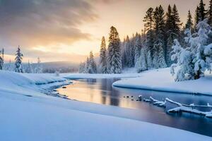 a river flows through a snowy forest at sunset. AI-Generated photo