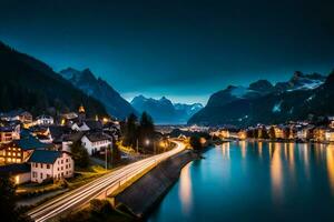 the town of alpin in the alps at night. AI-Generated photo