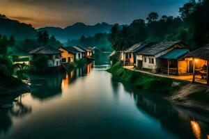 a river in the middle of a village at dusk. AI-Generated photo