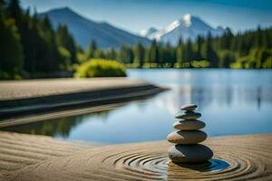 a stack of stones sits on the sand near a lake. AI-Generated photo