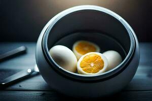 an egg in a bowl with a knife and knife. AI-Generated photo