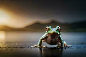 un rana sentado en el suelo en frente de un puesta de sol. generado por ai foto