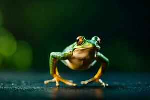 a frog is standing on its hind legs. AI-Generated photo