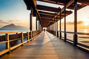 a wooden pier with the sun setting over the ocean. AI-Generated photo