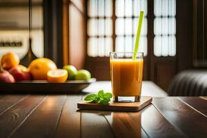 un vaso de naranja jugo en un de madera mesa. generado por ai foto