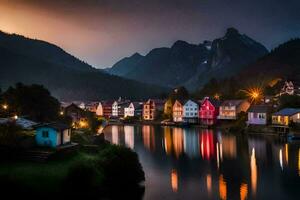 photo wallpaper the sky, mountains, water, the night, the village, the river, the. AI-Generated