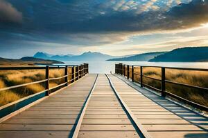 a wooden bridge over a lake with mountains in the background. AI-Generated photo