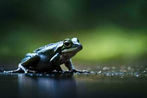 a frog sitting on the ground with a green background. AI-Generated photo