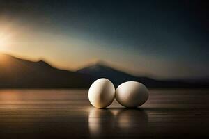 two eggs sit on a table in front of a mountain. AI-Generated photo