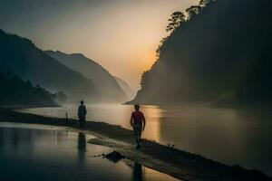 dos personas caminando a lo largo el apuntalar de un río a puesta de sol. generado por ai foto