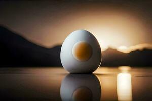 an egg sitting on a table with the sun in the background. AI-Generated photo