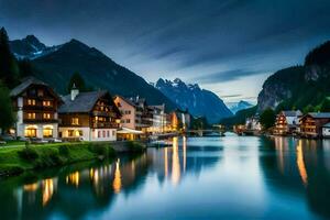 photo wallpaper the sky, mountains, water, houses, the night, the river, the town. AI-Generated