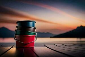 colorful buckets on a wooden deck overlooking the lake. AI-Generated photo