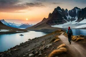 a man walks along a path in the mountains. AI-Generated photo