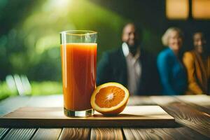 un vaso de naranja jugo con un grupo de personas en el antecedentes. generado por ai foto