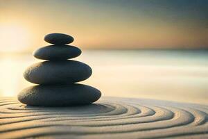 zen stones on the beach at sunset. AI-Generated photo
