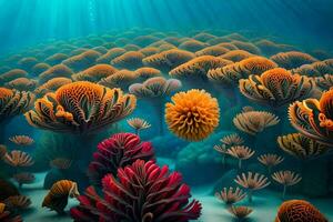 an underwater scene with colorful corals and sea anemones. AI-Generated photo