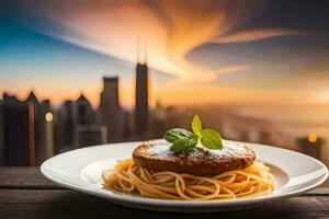 a plate of spaghetti with a view of the city. AI-Generated photo