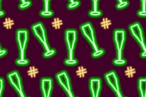 Abstract seamless pattern of neon wineglasses with hashtag. Cheers. Merry Xmas and Happy New Year vector