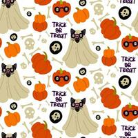 Pattern of a cat in a sheet and glasses for Halloween on a white background. A black cat with glasses with a skull pattern. Flat vector illustration with pumpkins. Text trick or treat. Bones and skull