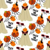 Pattern of a black cat in a Halloween sheet with a pumpkin on its head and on a white background. A black cat with glasses in the shape of a spider, pumpkins in a web. Flat vector Text trick or treat