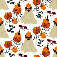 Pattern of a black cat in a Halloween sheet with a pumpkin on its head and on a white background. A black cat with glasses in the shape of a spider, pumpkins in a web. Flat vector Text trick or treat