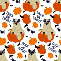 The pattern of a cat in a sheet and glasses for Halloween is depicted on a pumpkin on a white. A black cat with blue glasses and bats and pumpkins. Flat vector illustration. Text trick or treat