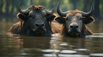 photo of heart-melting two Water Buffalos with an emphasis on expression of love. Generative AI