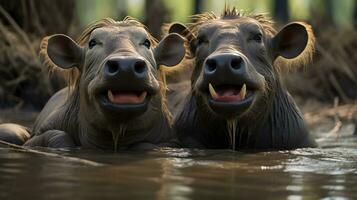 photo of heart-melting two Water Buffalos with an emphasis on expression of love. Generative AI