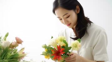 un japonés florista mira a el izquierda en un pensando actitud ai generado foto