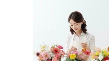 A Japanese florist looks to the left in a thinking pose AI generated photo